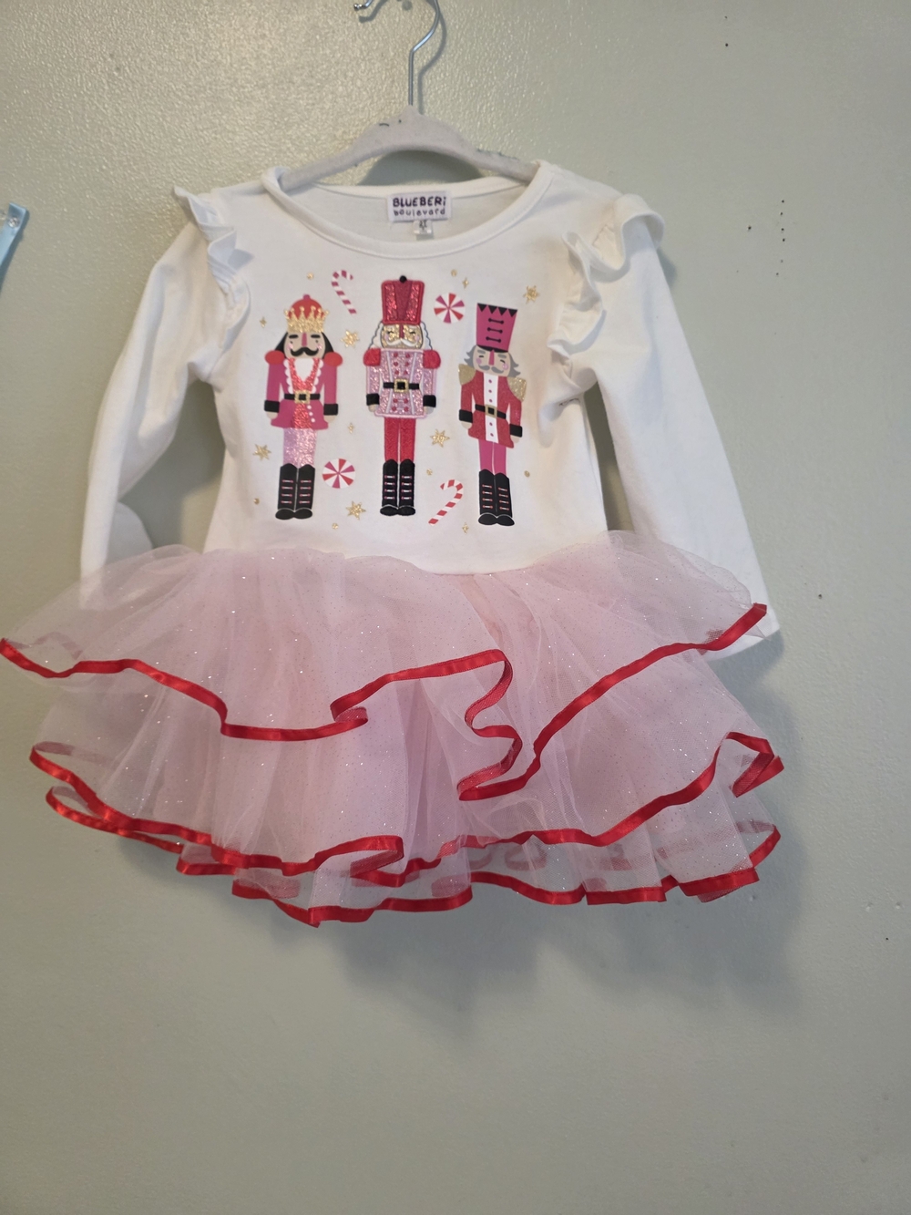 Blueberi Boulevard White and Pink Nutcracker Tutu Dress with Red Trim Accents